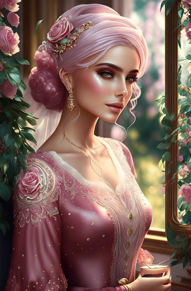 Digital illustration: Woman with pink updo, roses, elegant earrings, pink dress, gazing out