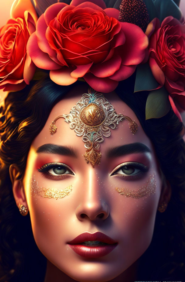 Vivid digital illustration of woman with red flowers and gold forehead piece