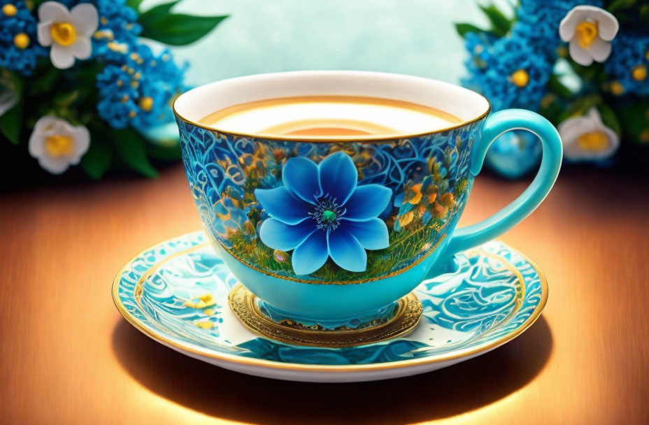 Blue Flower Design Porcelain Tea Cup with Tea on Saucer surrounded by Decorative Flowers