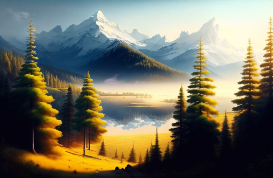 Alpine sunrise: Golden pine trees, serene lake, snow-capped mountains