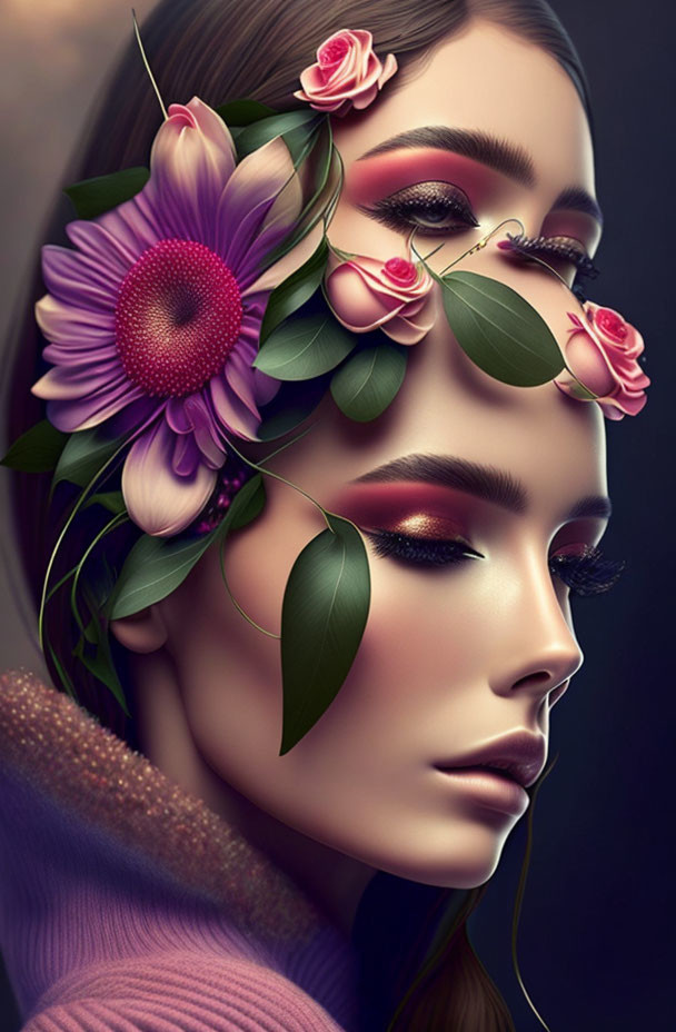 Woman with Flowers and Leaves Adorning Face in Digital Art