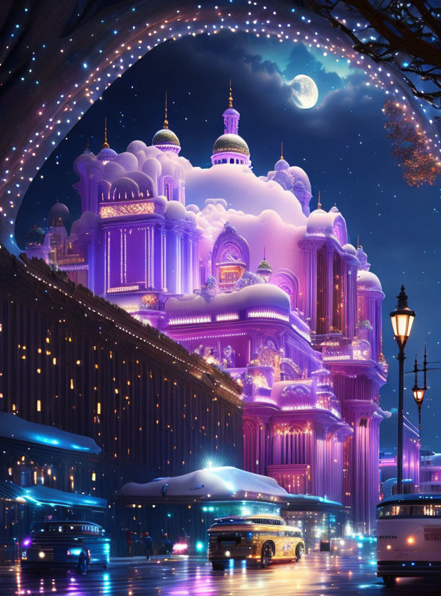 Fantastical night cityscape with glowing purple and pink buildings