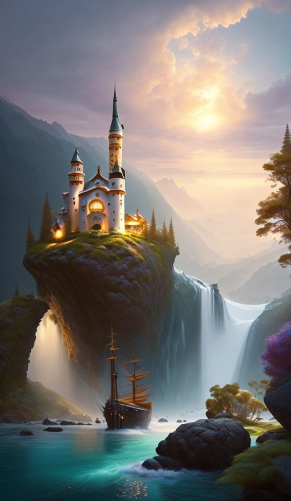 Majestic fairytale castle on cliff with waterfalls, ship in serene sunset landscape