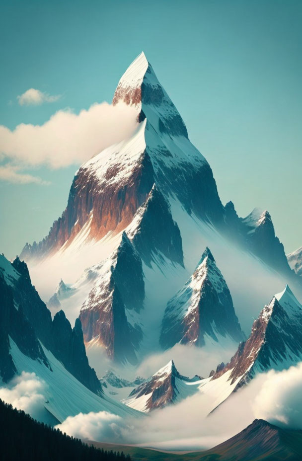 Snow-capped mountain peak under soft-lit sky