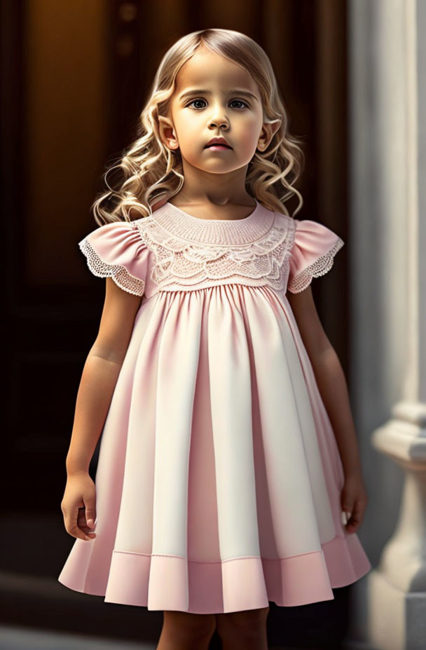 Curly-Haired Girl in Pink Dress Standing by Dark Doorway