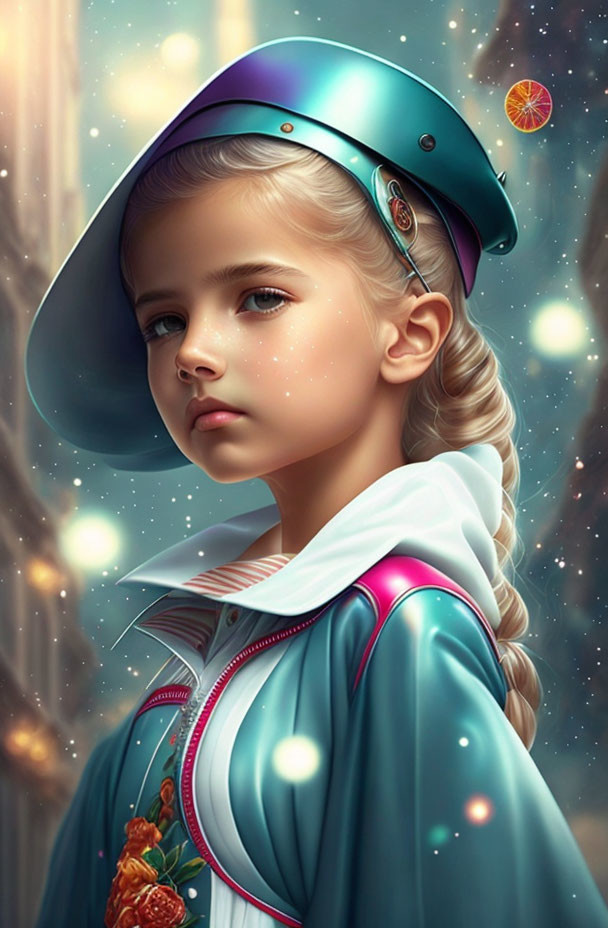 Stylized digital portrait of young girl with blonde braided hair in futuristic attire