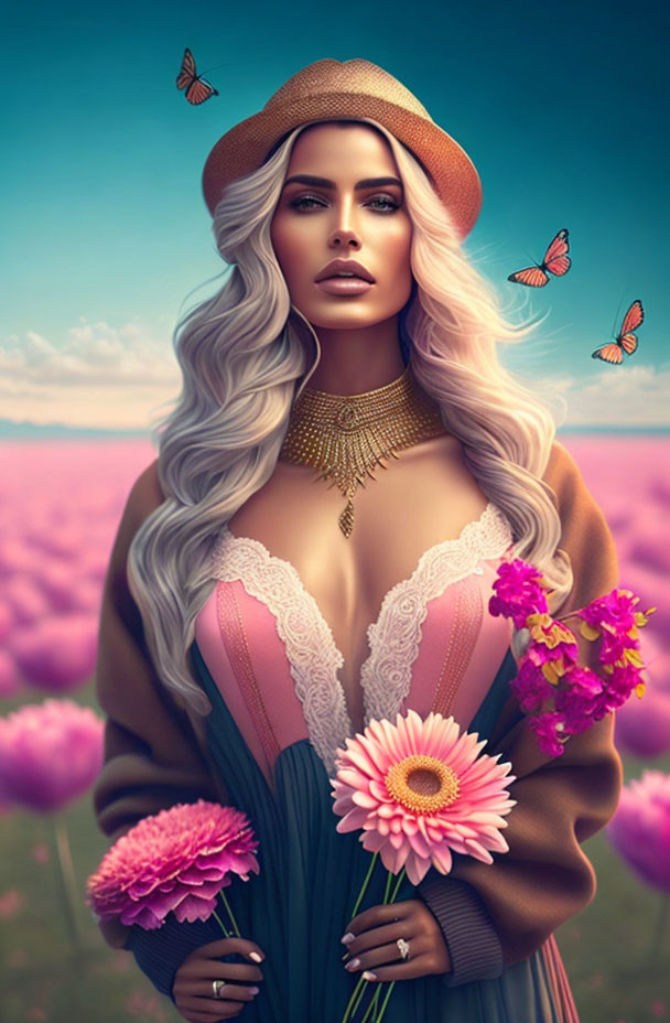 Woman in hat surrounded by pink flowers and butterflies in a dreamy setting.