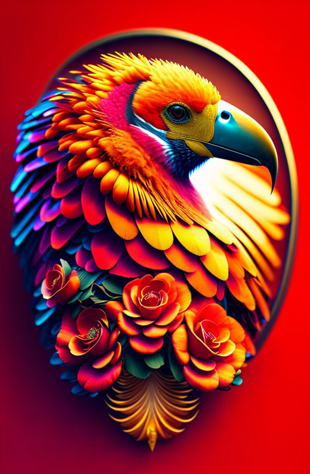 Colorful Bird Artwork with Floral Patterns on Red Background