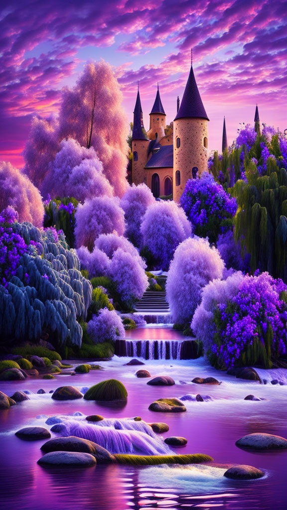 Fairytale castle in vibrant purple and pink foliage with stream and stepping stones at twilight