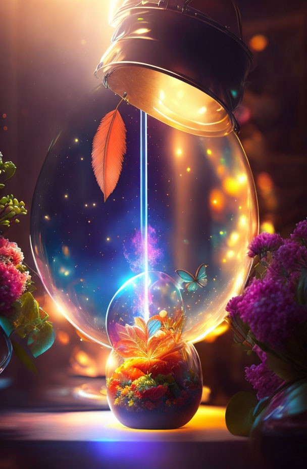 Suspended terrarium with cosmic backdrop and vibrant flowers