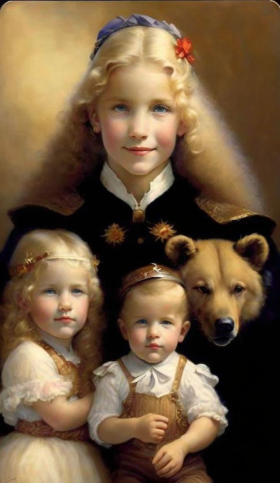 Three children with a dog: blond girl with blue headband, girl with floral crown, and boy