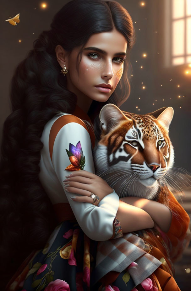 Woman with dark hair embracing tiger surrounded by fireflies and butterfly