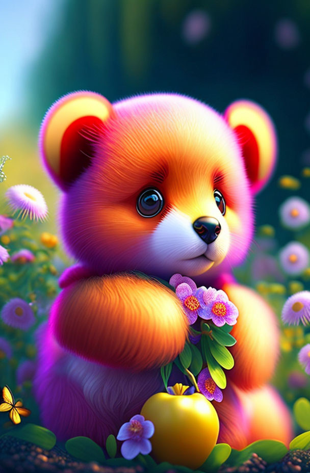 Fluffy red panda in colorful floral setting