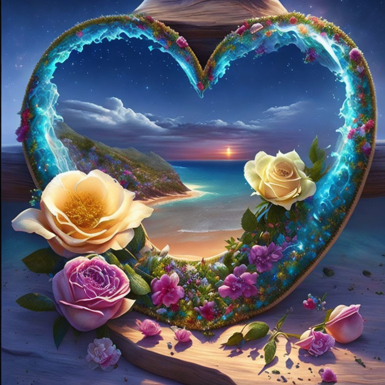 Heart-shaped frame with flowers surrounding vibrant beachscape at sunset