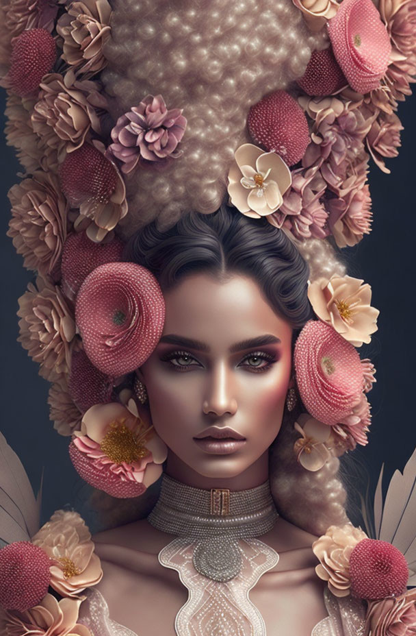 Surreal portrait of woman with elaborate flower headdress