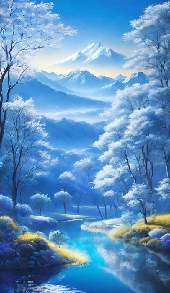 Snow-covered trees, stream, and mountains in serene winter landscape