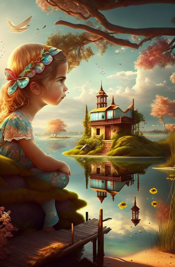 Young girl admires whimsical house on island with vibrant foliage and floating lanterns