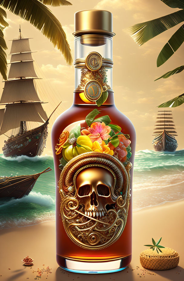 Skull motif bottle on tropical beach with pirate theme