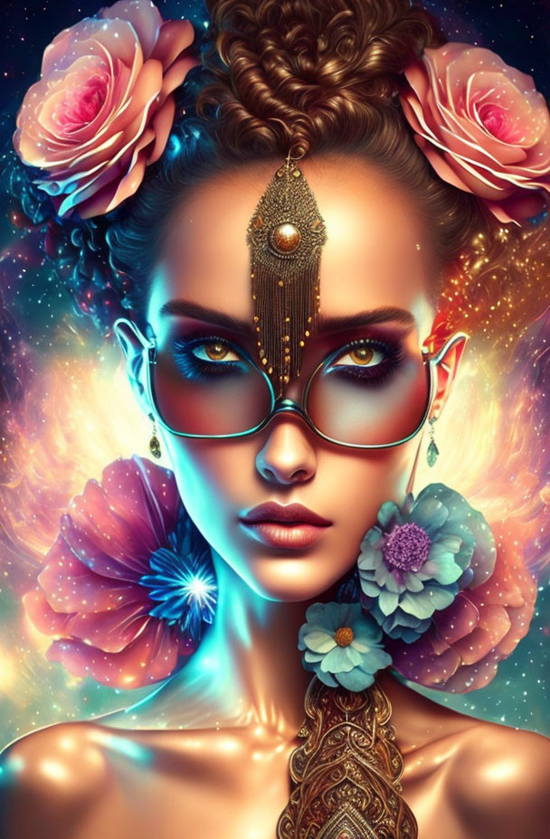 Colorful Woman Portrait with Headpiece, Glasses, and Cosmic Background