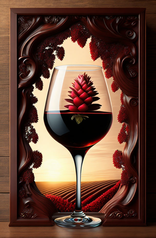 Surreal artwork: wine glass with pine cones in intricate wooden frame