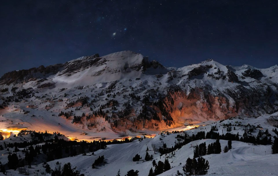 Starry night sky over snow mountains and glowing settlement