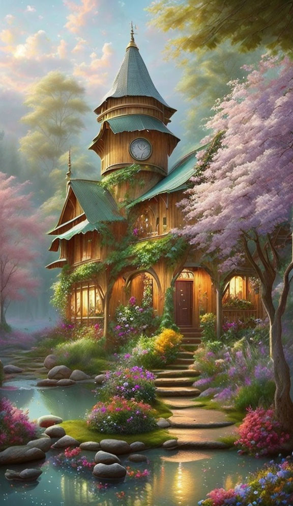 Enchanting wooden house in magical forest with clock tower