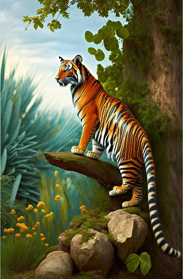 Majestic tiger on rock surrounded by greenery and flowers