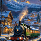 Vintage train chugs through snowy mountain landscape at night