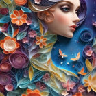 Colorful Woman Surrounded by Floral Patterns and Cosmic Background