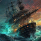 Tall Ship Battles Neon-Lit Waves in Fiery Sky