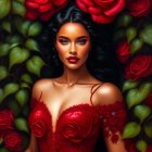 Dark-haired woman in off-shoulder red dress among greenery and red roses