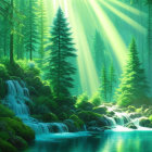 Mystical forest scene with towering trees, serene river, sunlight, and quaint bridge