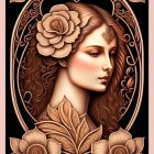 Woman with flowing hair in ornate floral frame: Vintage artistic illustration