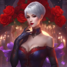 Illustrated woman with white hair, red roses, red dress, blue gloves, choker, lights