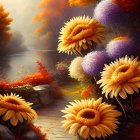 Lush sunflowers and purple flowers in misty garden scene