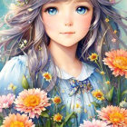 Digital Artwork: Young Girl with Lavender Hair and Flower Crown surrounded by Vibrant Flowers