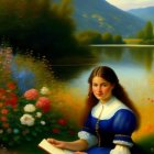 Traditional dressed woman reads by lake with flowers and mountains