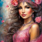 Illustrated woman with long wavy hair, makeup, sparkles, pink dress, floral accessory