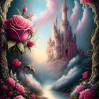 Surreal landscape with pink roses, mystical mountain, waterfalls, and river under twilight sky