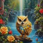 Owl perched on branch in lush forest with river and roses