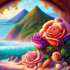 Colorful digital artwork: oversized roses, coastal landscape, mountains through ornate window