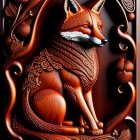 Detailed fox illustration with ornate cloak, strawberries, and scrollwork in wooden frame