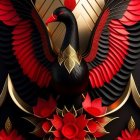 Stylized bird digital art with black, red feathers & gold accents