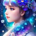 Celestial-themed digital artwork of a woman with flowers in her hair