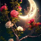 Woman's face merging with tree under full moon with roses and foliage against night sky