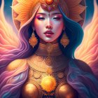 Digital art portrait of woman in golden armor and headdress with glowing wings on night sky background