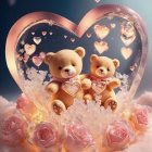 Corgi puppies on golden clock with roses and heart background