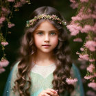 Young girl in tiara and white dress among pink blossoms with green sprig