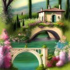 Fantasy landscape with cottage, stone bridges, river, greenery & flowers