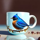 Colorful Bird on Teal Coffee Cup with Heart-Shaped Steam and Beans